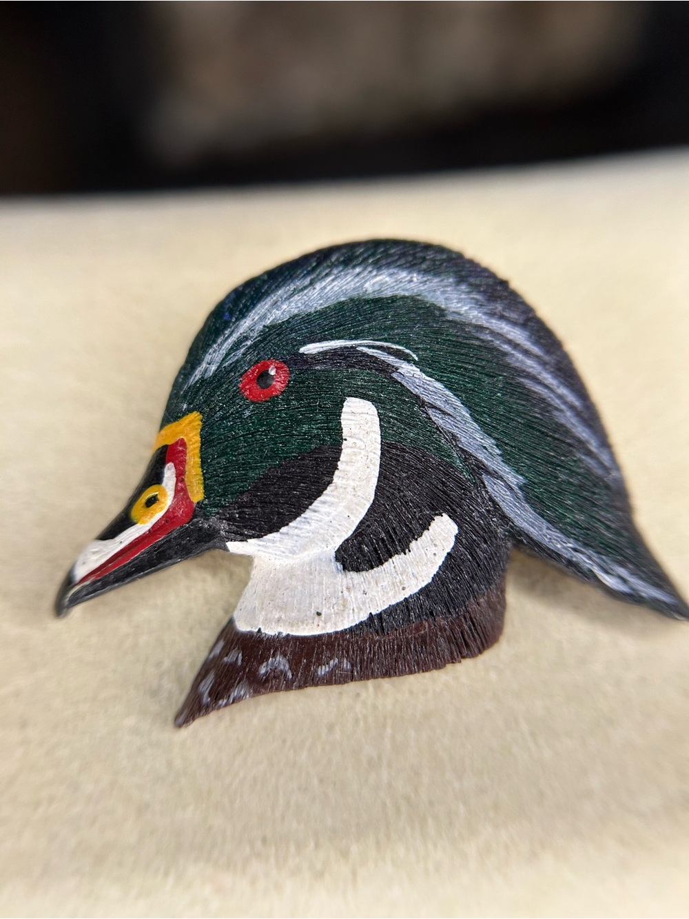 Hand Painted Wood Duck Head Brooch Pin Folk Art Mallard Bird Jewelry